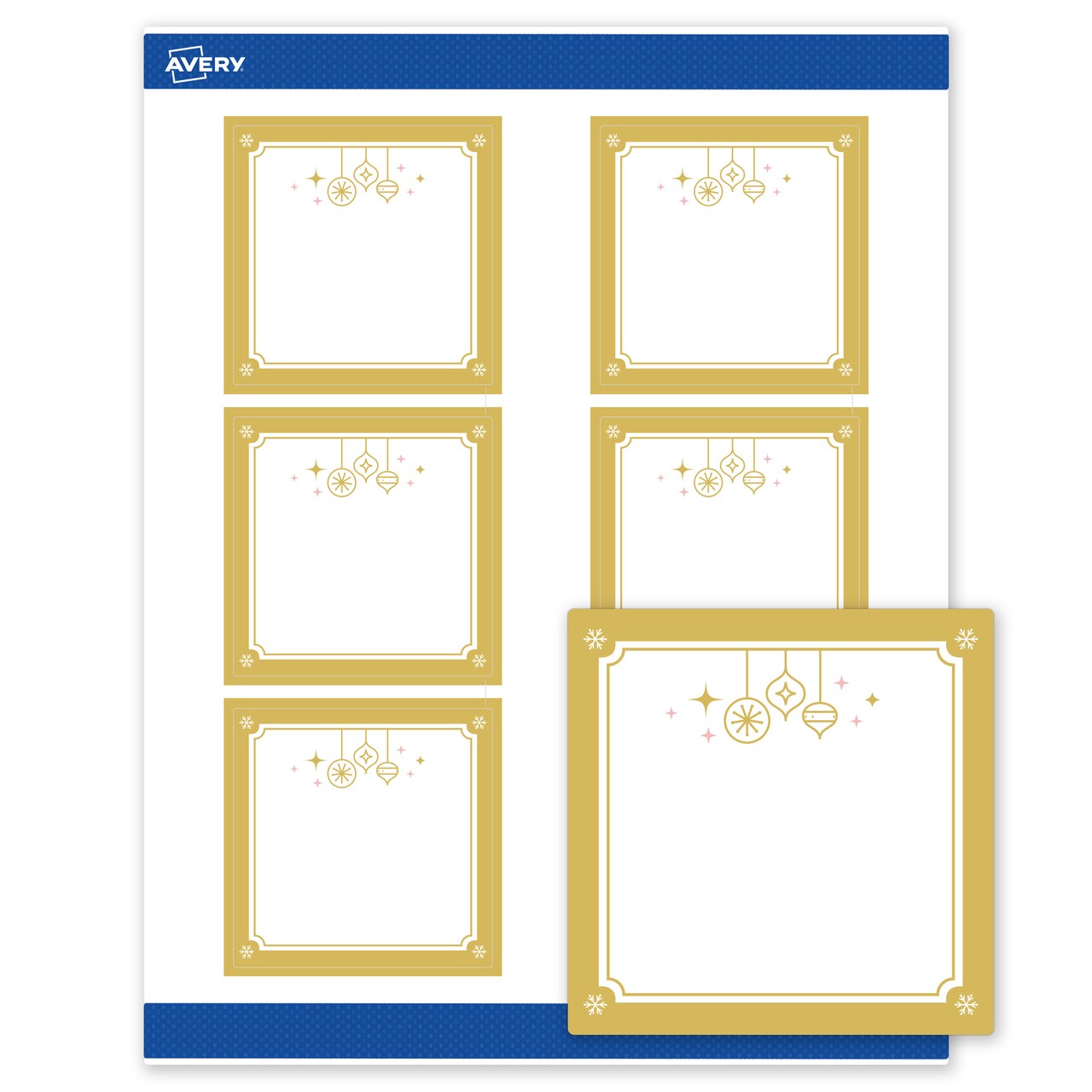 Avery Printable Square Labels, 3" x 3", Matte White, Pre-printed Metallic Gold Hanging Ornaments Design, Sure Feed Technology, Laser & Inkjet Compatible, 120 Total
